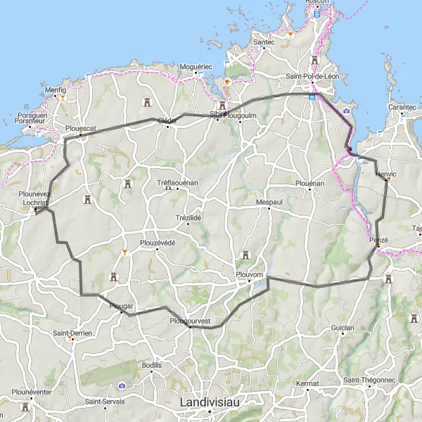 Map miniature of "Coastline and Countryside" cycling inspiration in Bretagne, France. Generated by Tarmacs.app cycling route planner