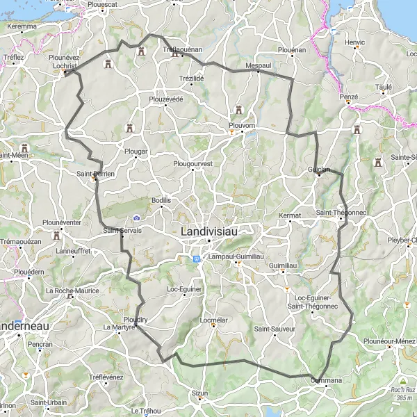 Miniature de la carte de l'inspiration cycliste "Parcours à vélo de route autour de Plounévez-Lochrist" dans la Bretagne, France. Générée par le planificateur d'itinéraire cycliste Tarmacs.app