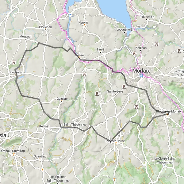 Miniature de la carte de l'inspiration cycliste "Boucle de Plourin-lès-Morlaix" dans la Bretagne, France. Générée par le planificateur d'itinéraire cycliste Tarmacs.app
