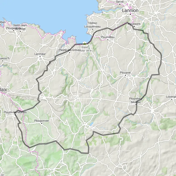 Miniature de la carte de l'inspiration cycliste "Tour de Plestin-les-Grèves à Keraskol" dans la Bretagne, France. Générée par le planificateur d'itinéraire cycliste Tarmacs.app