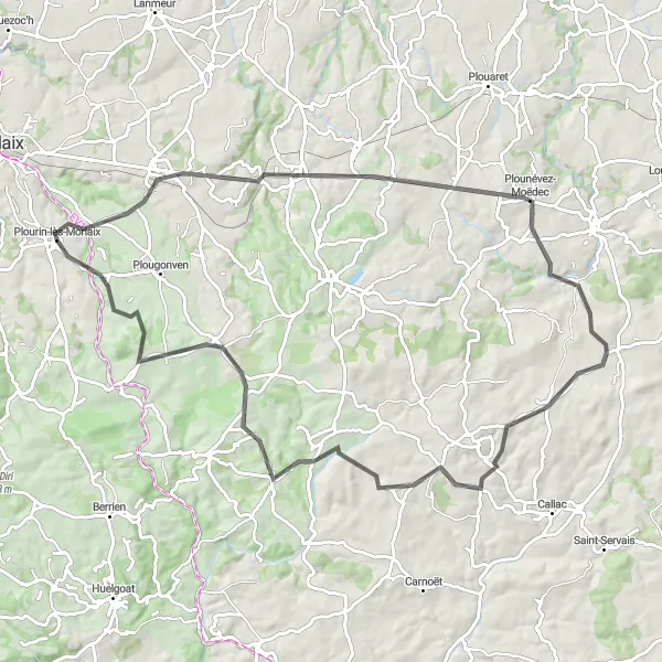 Miniature de la carte de l'inspiration cycliste "Les Monts d'Arrée" dans la Bretagne, France. Générée par le planificateur d'itinéraire cycliste Tarmacs.app
