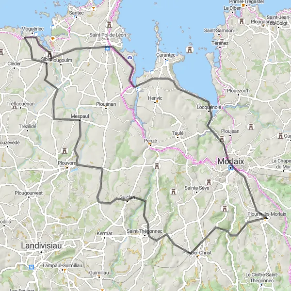 Miniature de la carte de l'inspiration cycliste "Les Côtes du Léon" dans la Bretagne, France. Générée par le planificateur d'itinéraire cycliste Tarmacs.app