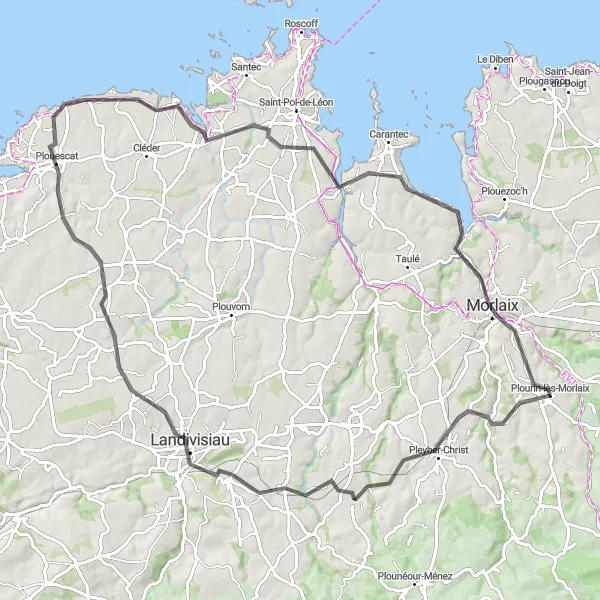 Miniature de la carte de l'inspiration cycliste "Les Enclos Paroissiaux" dans la Bretagne, France. Générée par le planificateur d'itinéraire cycliste Tarmacs.app