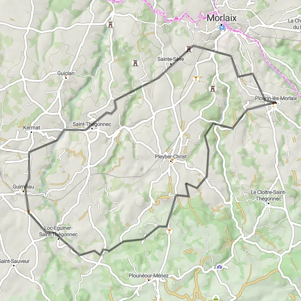 Miniature de la carte de l'inspiration cycliste "Boucle entre Plourin-lès-Morlaix et Sainte-Sève" dans la Bretagne, France. Générée par le planificateur d'itinéraire cycliste Tarmacs.app