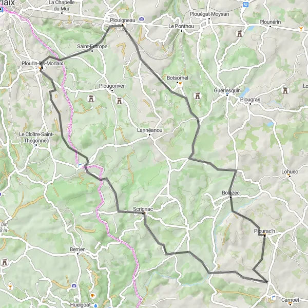 Miniature de la carte de l'inspiration cycliste "Tour vers Scrignac" dans la Bretagne, France. Générée par le planificateur d'itinéraire cycliste Tarmacs.app