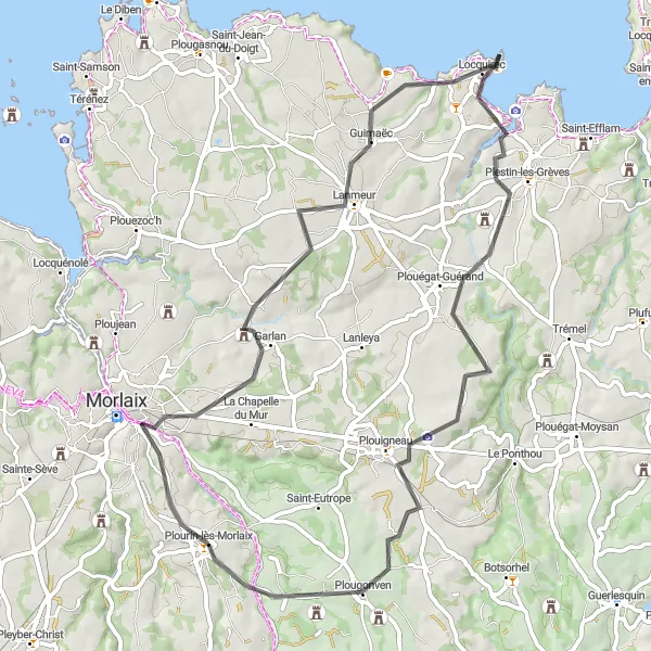 Miniature de la carte de l'inspiration cycliste "Parcours cycliste vers Keraskol" dans la Bretagne, France. Générée par le planificateur d'itinéraire cycliste Tarmacs.app