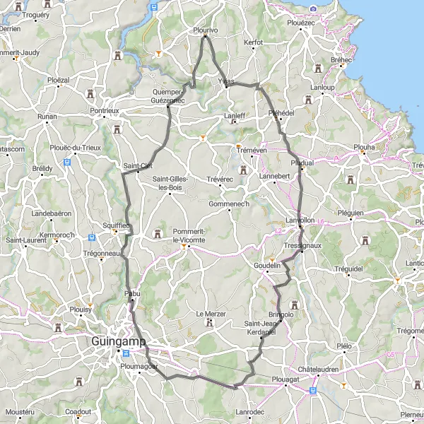 Miniature de la carte de l'inspiration cycliste "La Boucle de Plourivo" dans la Bretagne, France. Générée par le planificateur d'itinéraire cycliste Tarmacs.app
