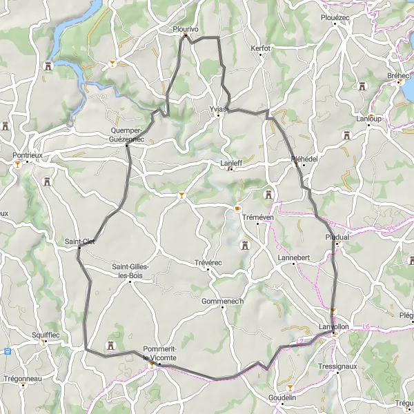 Miniature de la carte de l'inspiration cycliste "La Campagne Bretonne en Vélo" dans la Bretagne, France. Générée par le planificateur d'itinéraire cycliste Tarmacs.app