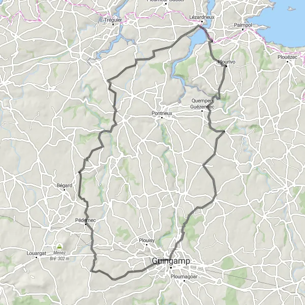 Map miniature of "Guingamp Countryside Ride" cycling inspiration in Bretagne, France. Generated by Tarmacs.app cycling route planner