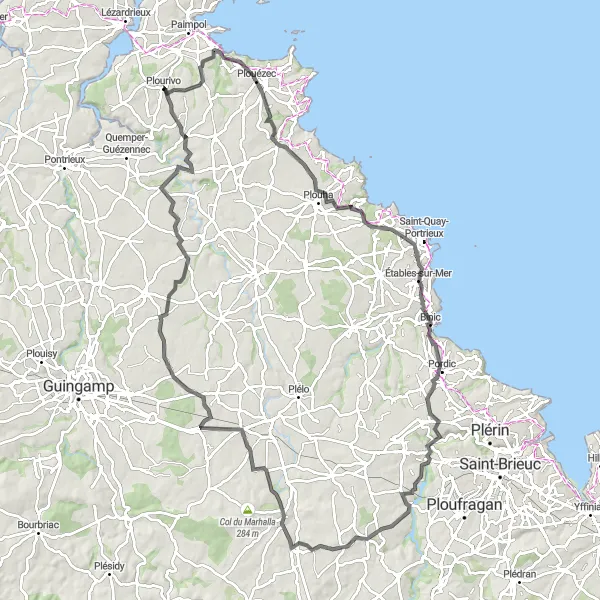 Map miniature of "Côte de Granit Rose Loop" cycling inspiration in Bretagne, France. Generated by Tarmacs.app cycling route planner