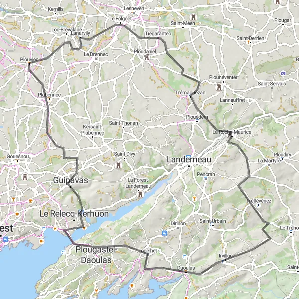 Map miniature of "The Monts d’Arrée Exploration" cycling inspiration in Bretagne, France. Generated by Tarmacs.app cycling route planner