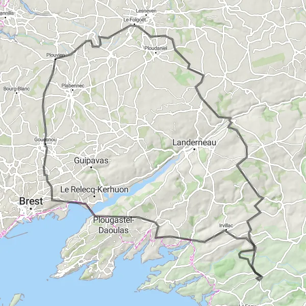 Map miniature of "Exploring the Countryside: La Roche-Maurice Loop" cycling inspiration in Bretagne, France. Generated by Tarmacs.app cycling route planner