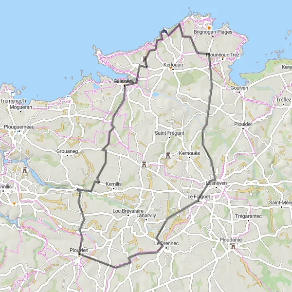 Map miniature of "The Guissény Coastal Excursion" cycling inspiration in Bretagne, France. Generated by Tarmacs.app cycling route planner