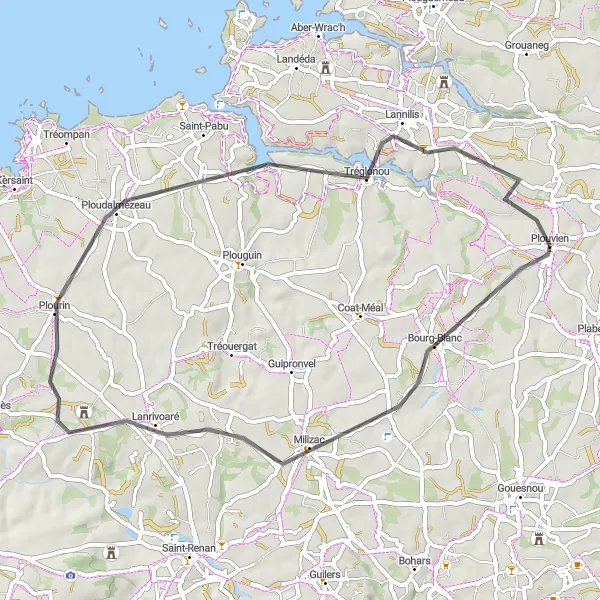 Map miniature of "Milizac Loop" cycling inspiration in Bretagne, France. Generated by Tarmacs.app cycling route planner