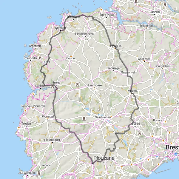 Map miniature of "Cycling route from Plouzané to Guilers" cycling inspiration in Bretagne, France. Generated by Tarmacs.app cycling route planner