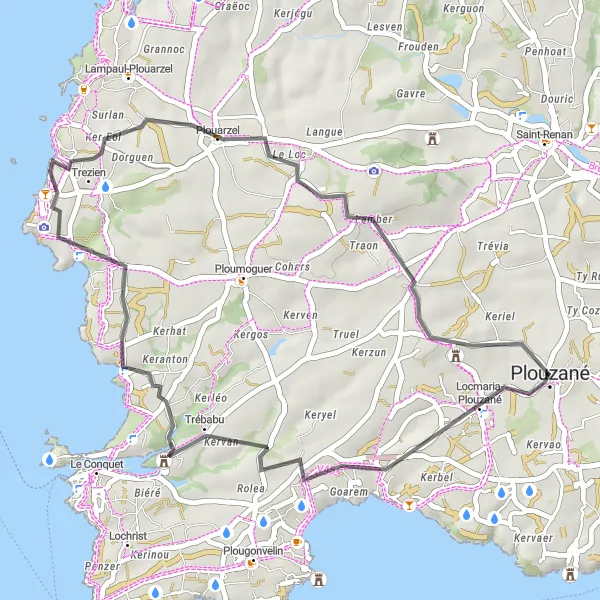Miniature de la carte de l'inspiration cycliste "Parcours à Trébabu et Plouarzel" dans la Bretagne, France. Générée par le planificateur d'itinéraire cycliste Tarmacs.app