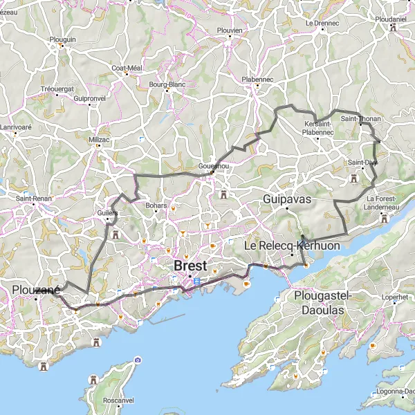 Map miniature of "Exploring Plouzané and Beyond" cycling inspiration in Bretagne, France. Generated by Tarmacs.app cycling route planner