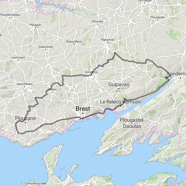 Map miniature of "Scenic Route from Plouzané to Cours Dajot" cycling inspiration in Bretagne, France. Generated by Tarmacs.app cycling route planner