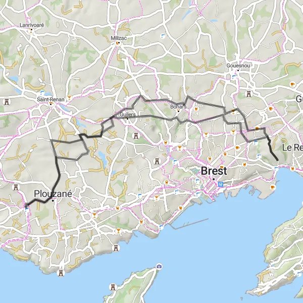 Map miniature of "Scenic Countryside and Coastal Views" cycling inspiration in Bretagne, France. Generated by Tarmacs.app cycling route planner