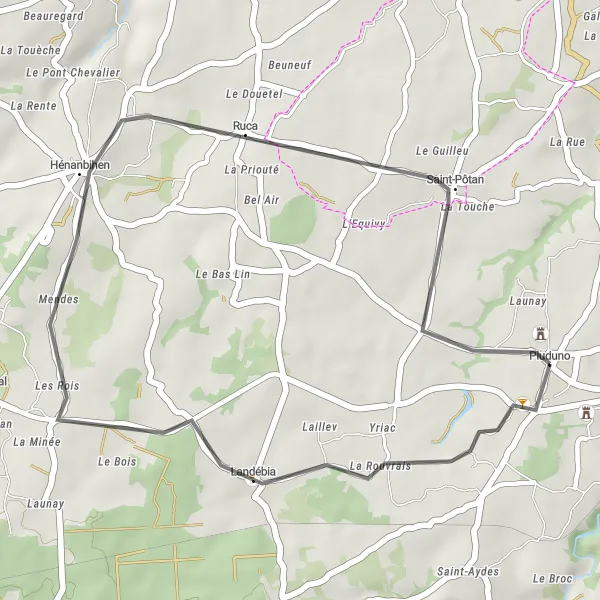 Miniature de la carte de l'inspiration cycliste "Parcours court au départ de Pluduno" dans la Bretagne, France. Générée par le planificateur d'itinéraire cycliste Tarmacs.app