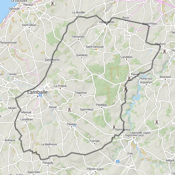Miniature de la carte de l'inspiration cycliste "Boucle à vélo autour de Pluduno" dans la Bretagne, France. Générée par le planificateur d'itinéraire cycliste Tarmacs.app
