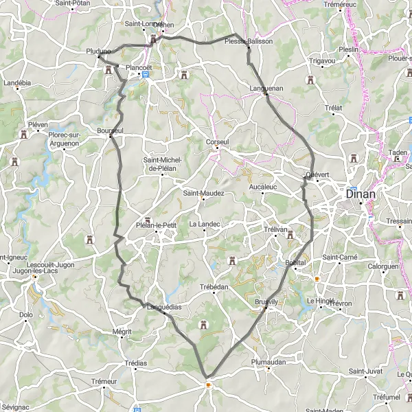 Miniature de la carte de l'inspiration cycliste "Circuit à vélo vers Languenan" dans la Bretagne, France. Générée par le planificateur d'itinéraire cycliste Tarmacs.app