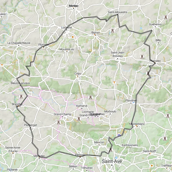 Miniature de la carte de l'inspiration cycliste "Aventure sportive autour de Plumelec" dans la Bretagne, France. Générée par le planificateur d'itinéraire cycliste Tarmacs.app