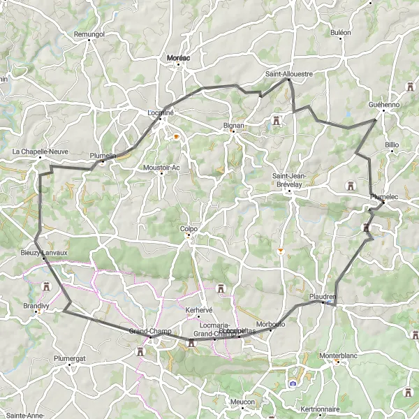 Miniature de la carte de l'inspiration cycliste "Tour de Plumelec et ses environs" dans la Bretagne, France. Générée par le planificateur d'itinéraire cycliste Tarmacs.app