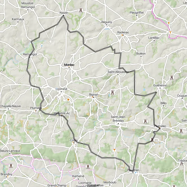 Miniature de la carte de l'inspiration cycliste "Boucle à vélo dans la campagne de Plumelec" dans la Bretagne, France. Générée par le planificateur d'itinéraire cycliste Tarmacs.app