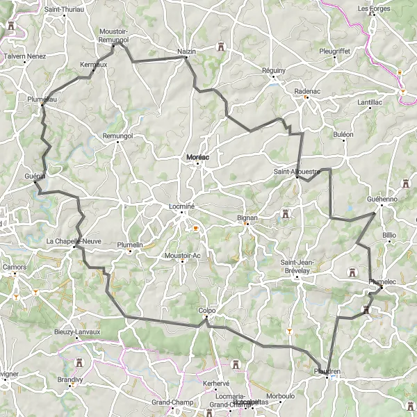 Miniature de la carte de l'inspiration cycliste "Escapade à Plumelec et ses alentours" dans la Bretagne, France. Générée par le planificateur d'itinéraire cycliste Tarmacs.app