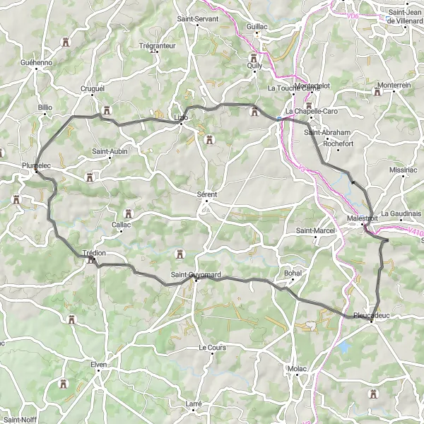 Miniature de la carte de l'inspiration cycliste "Balade bucolique autour de Plumelec" dans la Bretagne, France. Générée par le planificateur d'itinéraire cycliste Tarmacs.app