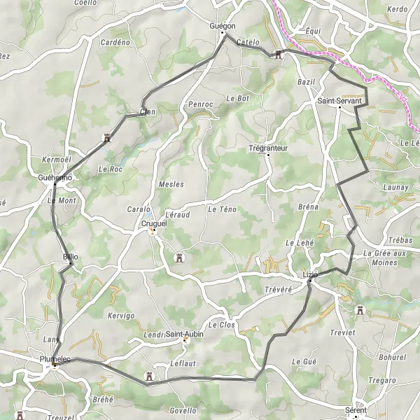 Miniature de la carte de l'inspiration cycliste "Le Tour des Moulins" dans la Bretagne, France. Générée par le planificateur d'itinéraire cycliste Tarmacs.app