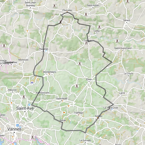 Miniature de la carte de l'inspiration cycliste "Escapade cycliste autour de Plumelec" dans la Bretagne, France. Générée par le planificateur d'itinéraire cycliste Tarmacs.app