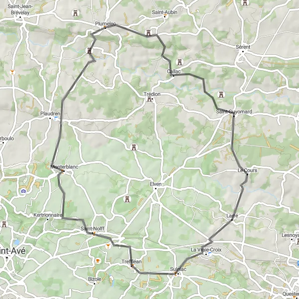Miniature de la carte de l'inspiration cycliste "La boucle de Plumelec et ses collines" dans la Bretagne, France. Générée par le planificateur d'itinéraire cycliste Tarmacs.app