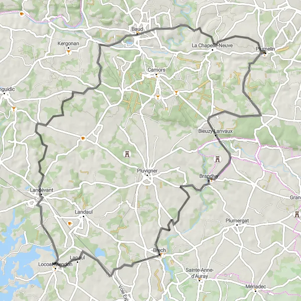 Map miniature of "Road cycling route from Plumelin to La Chapelle-Neuve" cycling inspiration in Bretagne, France. Generated by Tarmacs.app cycling route planner