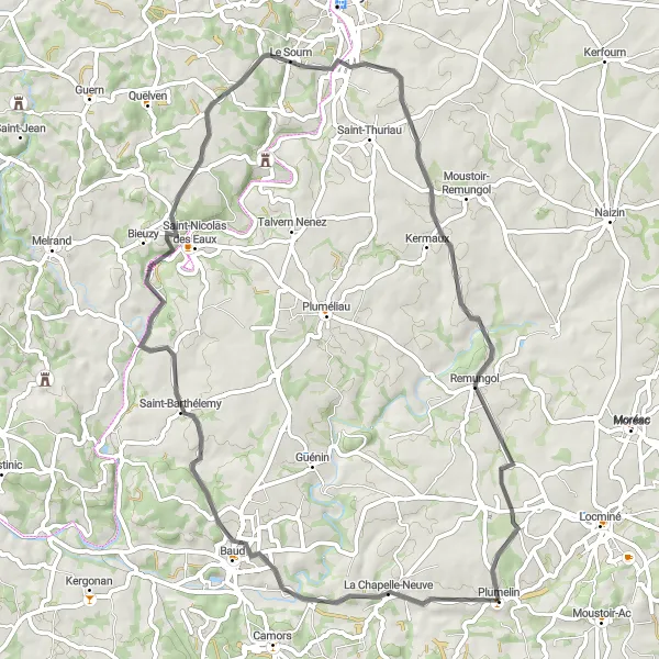 Map miniature of "Belvédère de Castennec Ride" cycling inspiration in Bretagne, France. Generated by Tarmacs.app cycling route planner