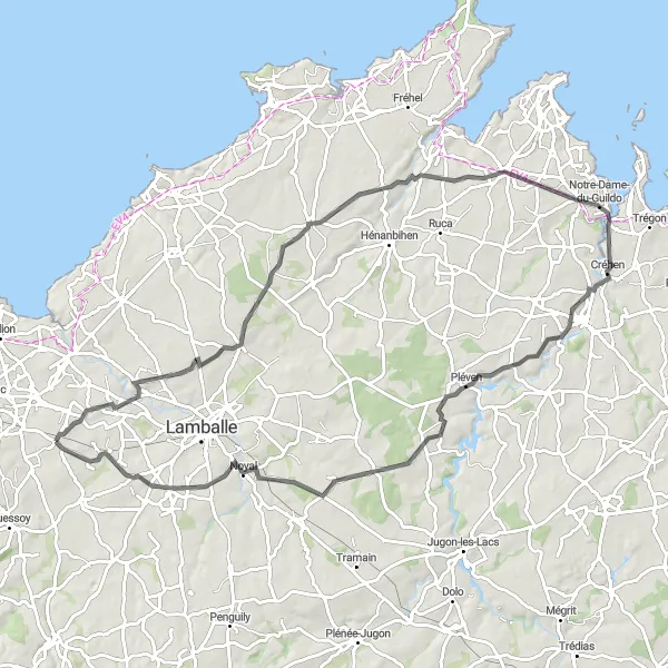 Map miniature of "The Coast to Countryside" cycling inspiration in Bretagne, France. Generated by Tarmacs.app cycling route planner