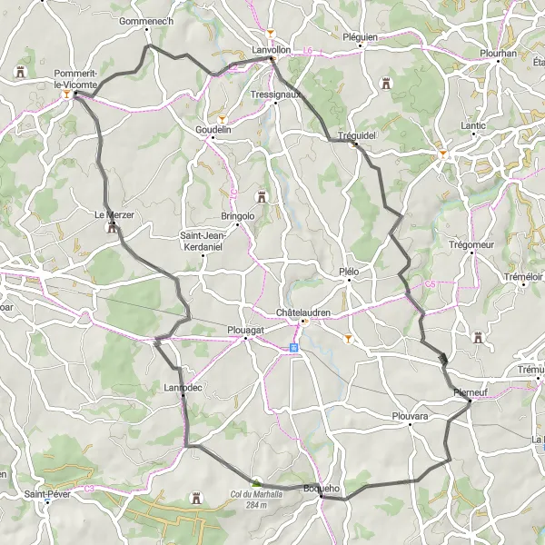 Miniature de la carte de l'inspiration cycliste "Boucle autour de Lanvollon" dans la Bretagne, France. Générée par le planificateur d'itinéraire cycliste Tarmacs.app