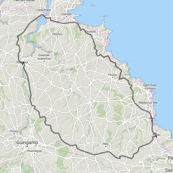 Map miniature of "The Tréméloir and Rocher du Corbeau Route" cycling inspiration in Bretagne, France. Generated by Tarmacs.app cycling route planner
