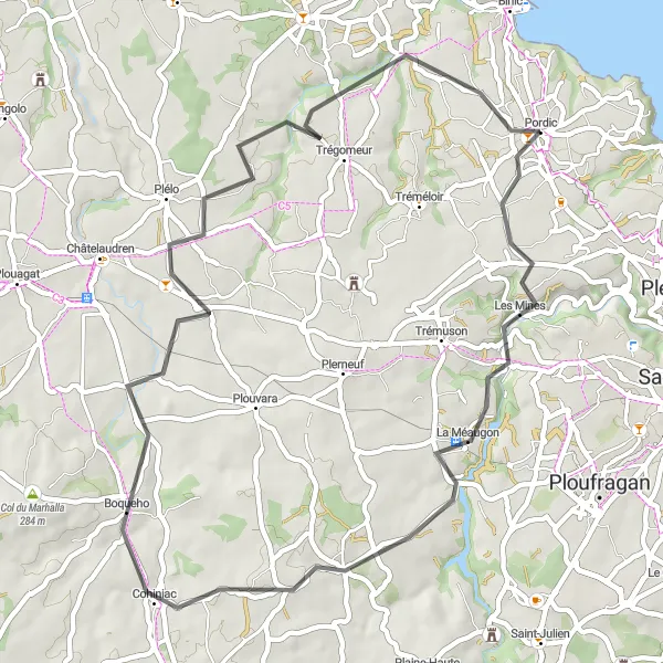 Map miniature of "Pordic and Surrounding Areas" cycling inspiration in Bretagne, France. Generated by Tarmacs.app cycling route planner