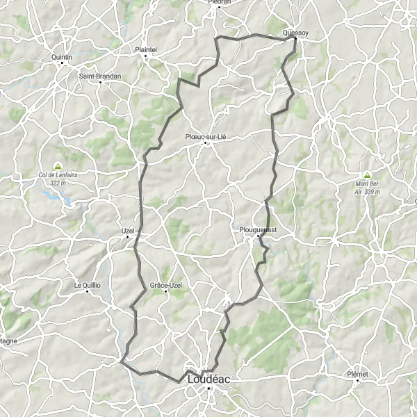 Map miniature of "Plémy - Plouguenast - Loudéac - Saint-Hervé - Château de Lorge Loop" cycling inspiration in Bretagne, France. Generated by Tarmacs.app cycling route planner