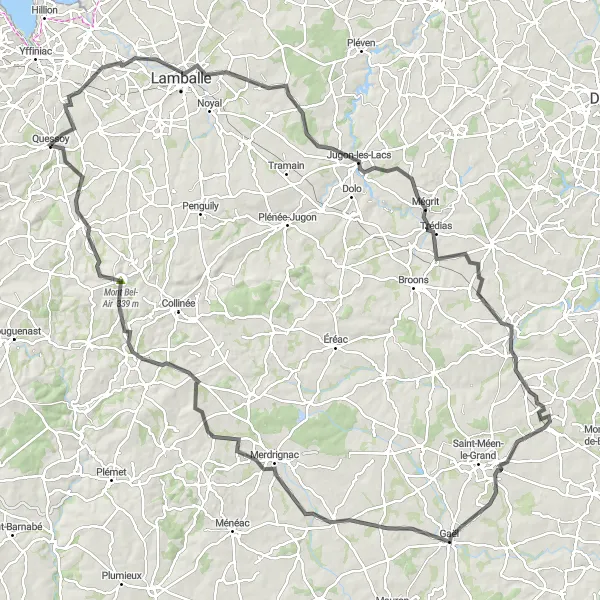 Map miniature of "Pommeret - Plédéliac - Mégrit - Caulnes - Saint-Onen-la-Chapelle - Merdrignac - Saint-Gouéno - Trédaniel - Quessoy Loop" cycling inspiration in Bretagne, France. Generated by Tarmacs.app cycling route planner