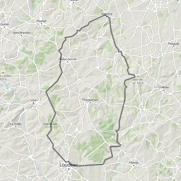 Map miniature of "Trédaniel - Mont Bel-Air - Loudéac - Grâce-Uzel - Saint-Carreuc - Quessoy Loop" cycling inspiration in Bretagne, France. Generated by Tarmacs.app cycling route planner