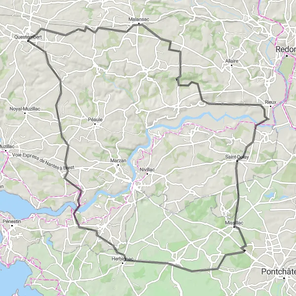 Map miniature of "Malansac route" cycling inspiration in Bretagne, France. Generated by Tarmacs.app cycling route planner