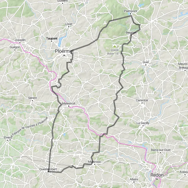 Miniature de la carte de l'inspiration cycliste "Les Mystères de la Forêt de Brocéliande" dans la Bretagne, France. Générée par le planificateur d'itinéraire cycliste Tarmacs.app