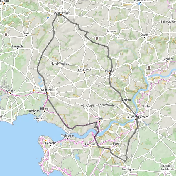 Miniature de la carte de l'inspiration cycliste "Le Charme du Golfe du Morbihan" dans la Bretagne, France. Générée par le planificateur d'itinéraire cycliste Tarmacs.app