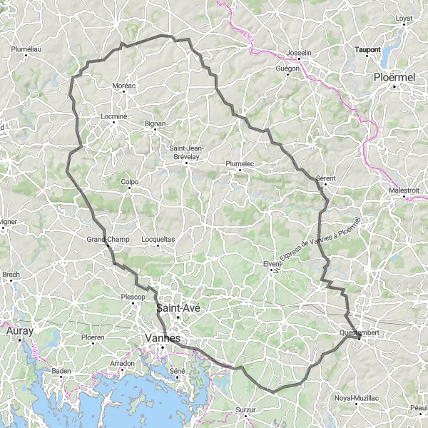 Map miniature of "Vannes and Beyond" cycling inspiration in Bretagne, France. Generated by Tarmacs.app cycling route planner