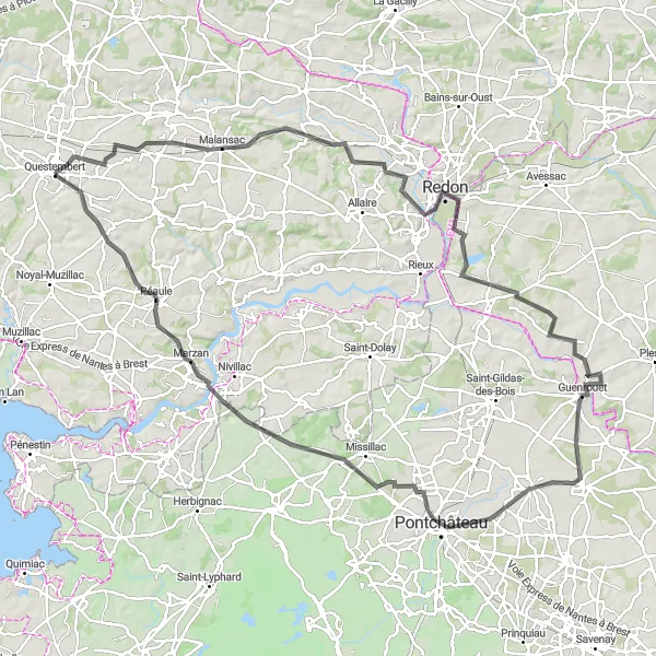 Map miniature of "Questembert to Redon Loop" cycling inspiration in Bretagne, France. Generated by Tarmacs.app cycling route planner