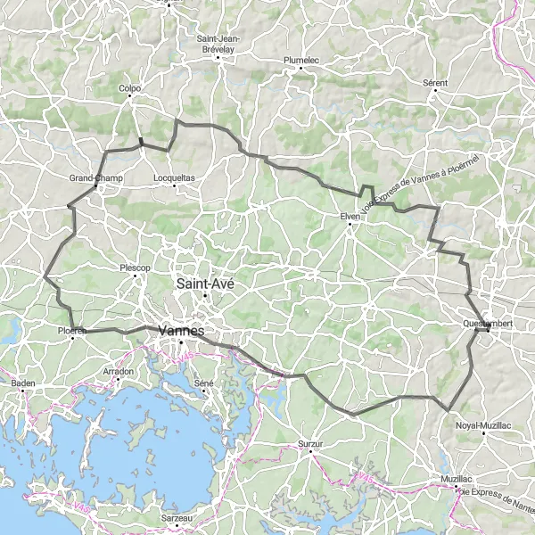 Miniature de la carte de l'inspiration cycliste "Boucle à vélo à partir de Questembert vers Le Cours" dans la Bretagne, France. Générée par le planificateur d'itinéraire cycliste Tarmacs.app