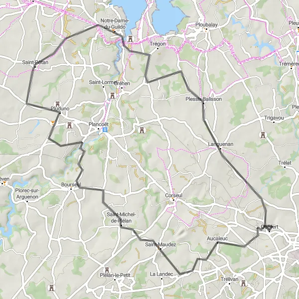 Map miniature of "Picturesque Road Cycling Loop near Quévert" cycling inspiration in Bretagne, France. Generated by Tarmacs.app cycling route planner